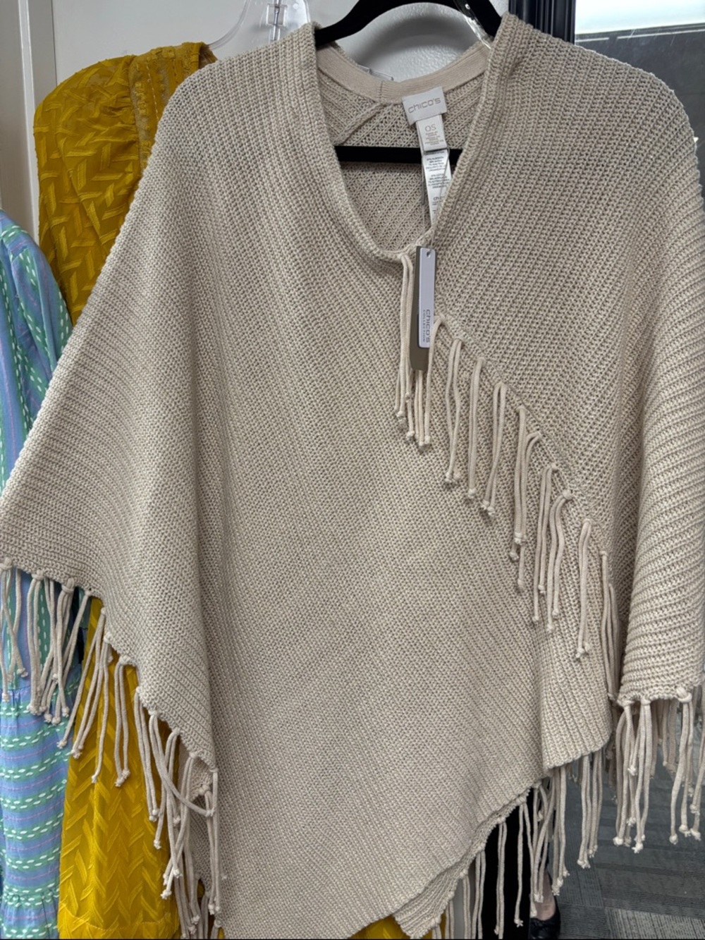 Chico's Cream Knit Fringe Poncho